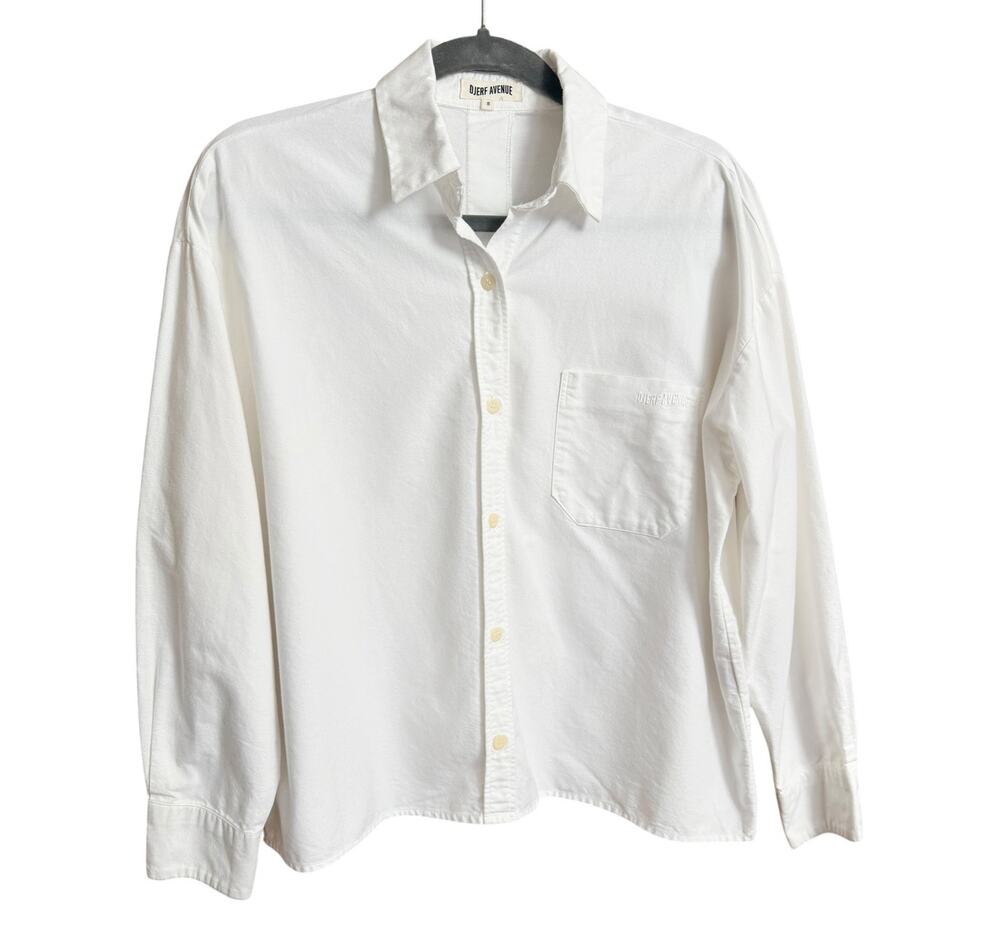 Djerf Avenue White Cotton Button Front Shirt Women's Small Embroidered Logo